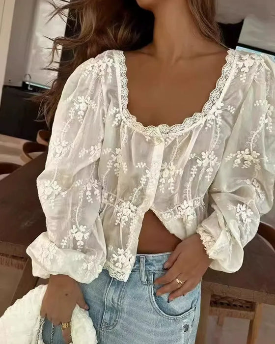 Blouse Col U Loose Brodée Manche Longue