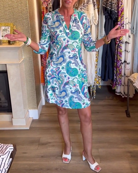 Robe à poche et col en V imprimé cachemire