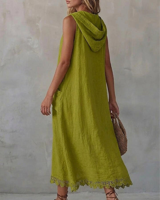 Robe Capuche Sans Manches Dentelle Patchwork