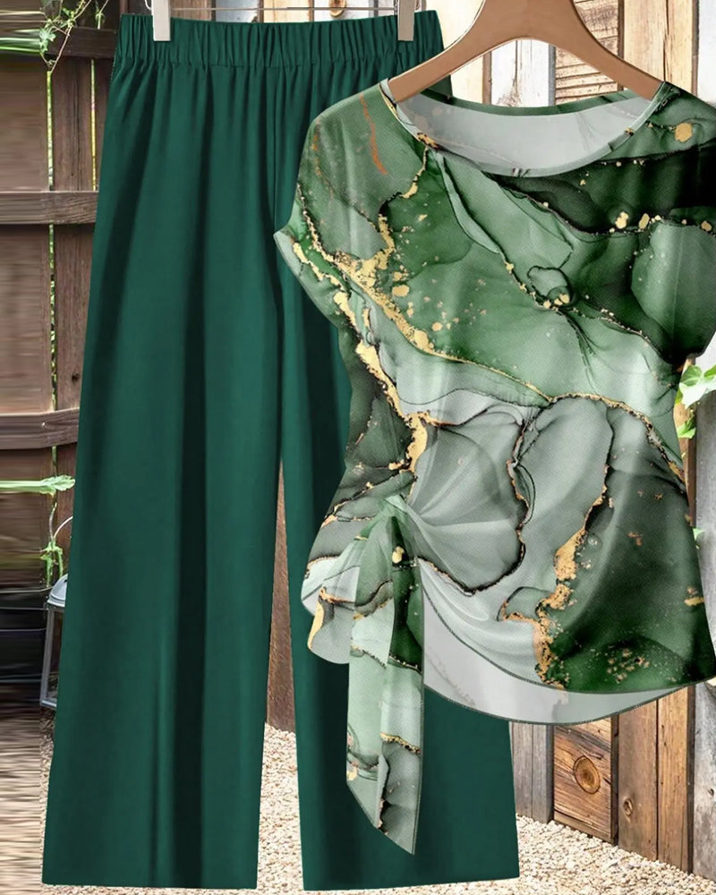 Set Nœud Blouse Imprimé Large Jambe Pantalon