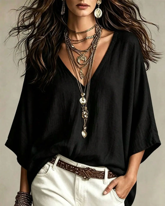 Blouse Col V Manches Trois-Quarts Lâche