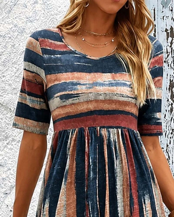 Robe Col Rond Rayé Taille Haute Coupe A