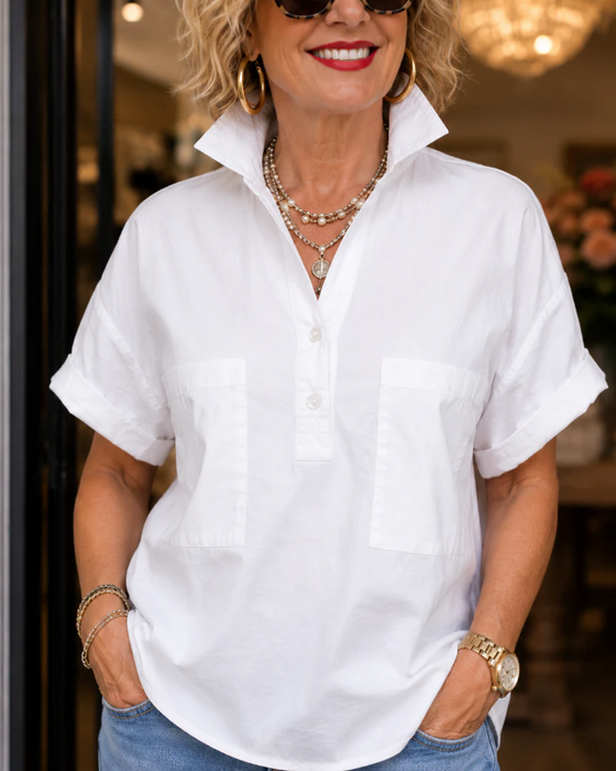 Blouse Poche Bouton Col En V Décontractée