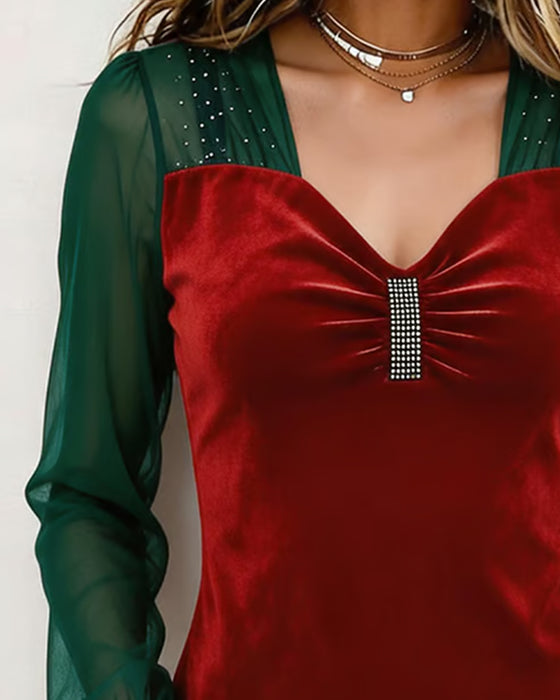 Blouse Col En V Froncé Maille Bloc De Couleur Coupe Ajustée