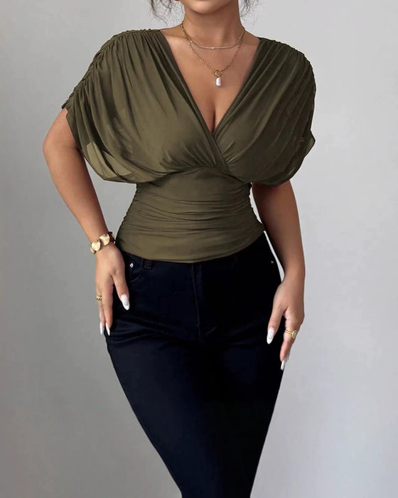 Blouse Unie Profond Col En V Taille Manches Courtes