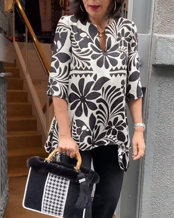 Blouse Vintage Manches Mi-Longues Imprimée