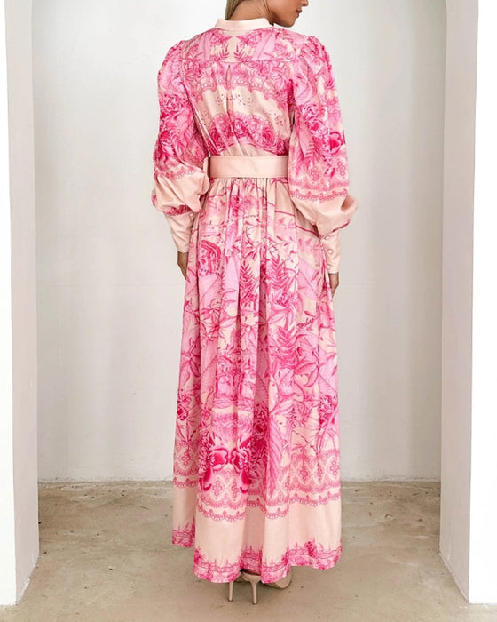 Robe imprimée boutonnée à manches lanternes