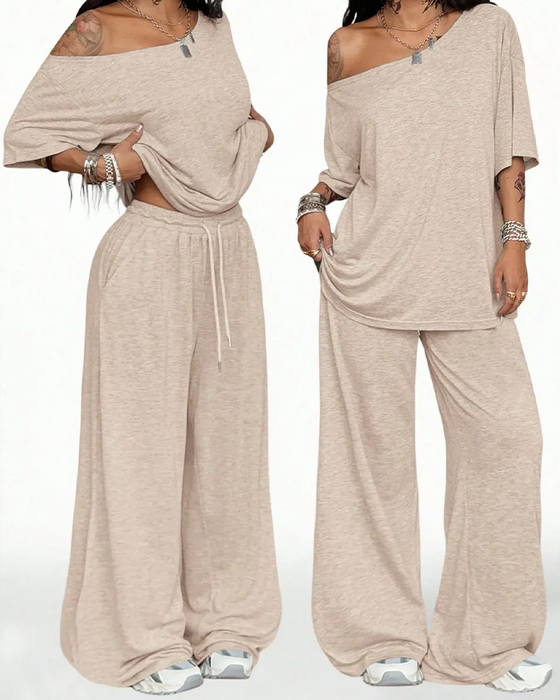 Ensemble Col Oblique Cordon De Serrage À La Taille Large Jambe Pantalon