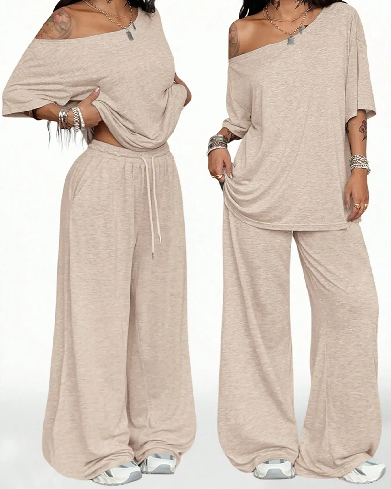 Ensemble Col Oblique Cordon De Serrage À La Taille Large Jambe Pantalon