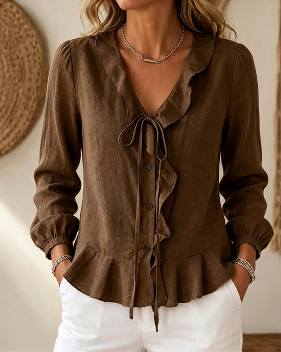 Blouse Col V Volant Cravate Manche Longue