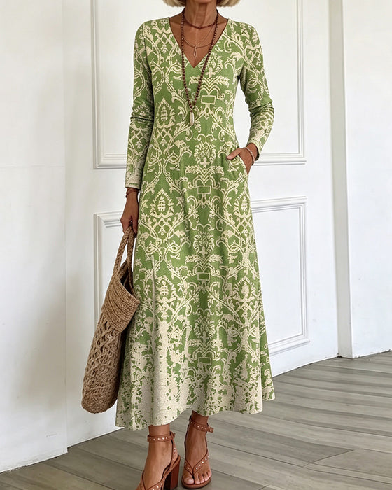 Robe Col En V Coupe A Manches Longues Maxi