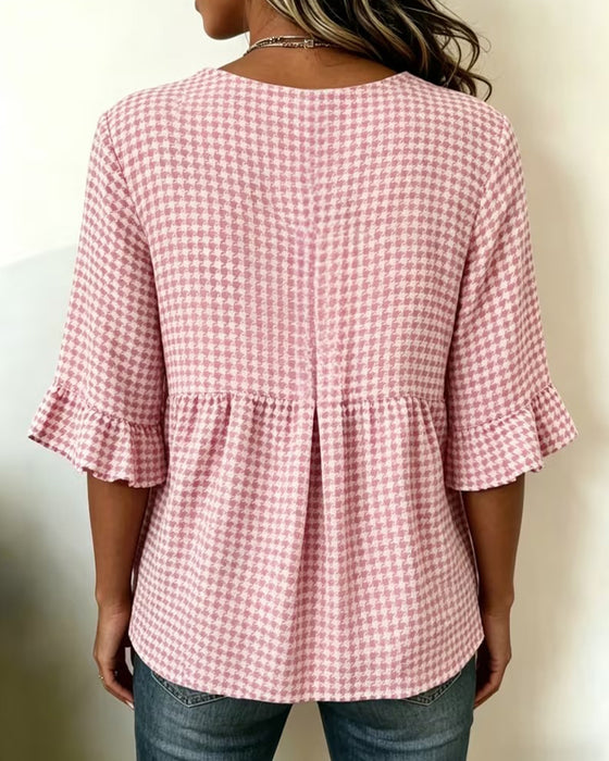 Blouse Pied-De-Coq Trois Boutons Décontractée