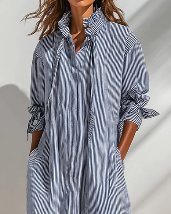 Robe Décontractée Col Montant Rayée Fente