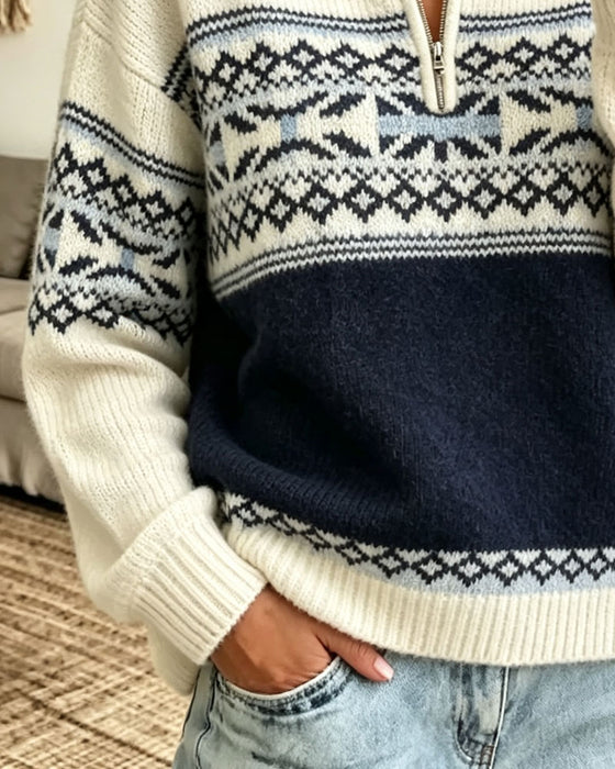 Pullover Revers Fermeture Éclair Motif Diamant Contraste