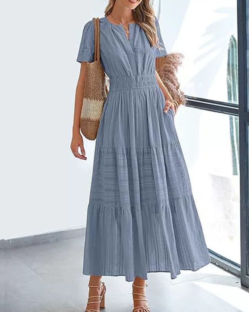 Robe Col En V Froncé Manche Bouffante Manches Courtes