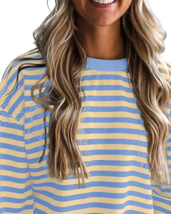 Blouse Col Rond Épaule Tombante Rayure Découpe