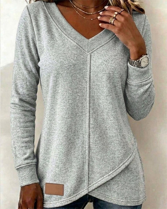 Sweatshirt Col-V Manche-Longue Croisé Asymétrique
