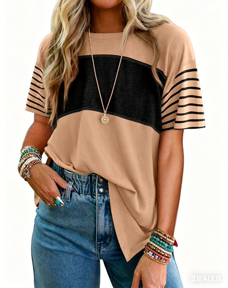 T-Shirt Pull-Over Rayé Bloc De Couleur Manches Courtes