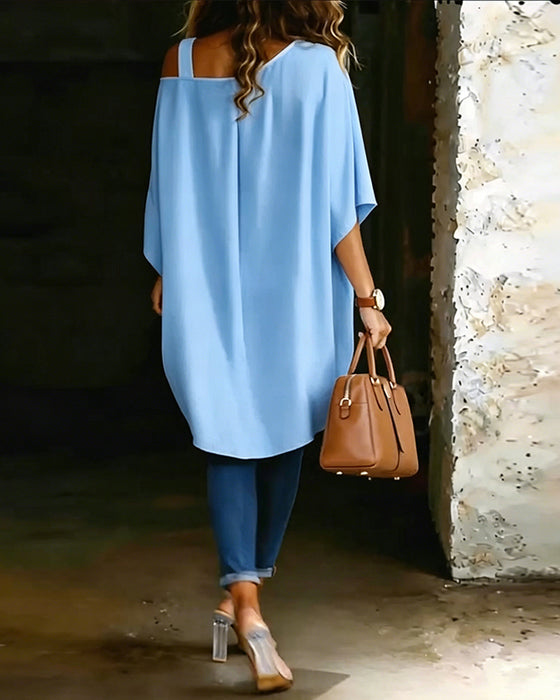 Blouse Asymétrique Épaule Dénudée Unie Décontractée
