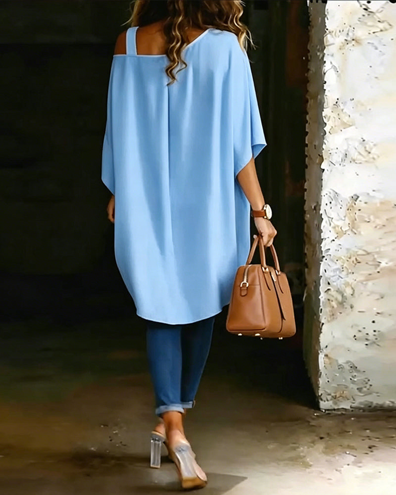 Blouse Asymétrique Épaule Dénudée Unie Décontractée