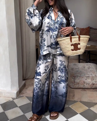 Costume deux pièces à manches lanternes et imprimé dégradé végétal