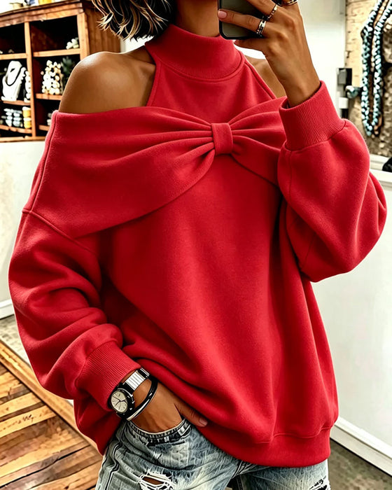 Sweatshirt Hoher Hals Off-Shoulder Schleife