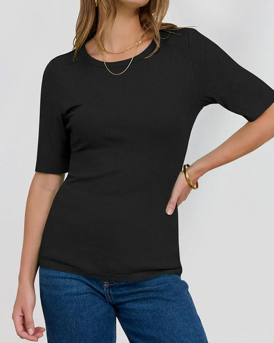 T-Shirt Col Ronde Côtelé Ajusté