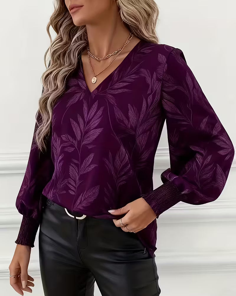 Blouse Motif De Feuille Col V Manches Longues