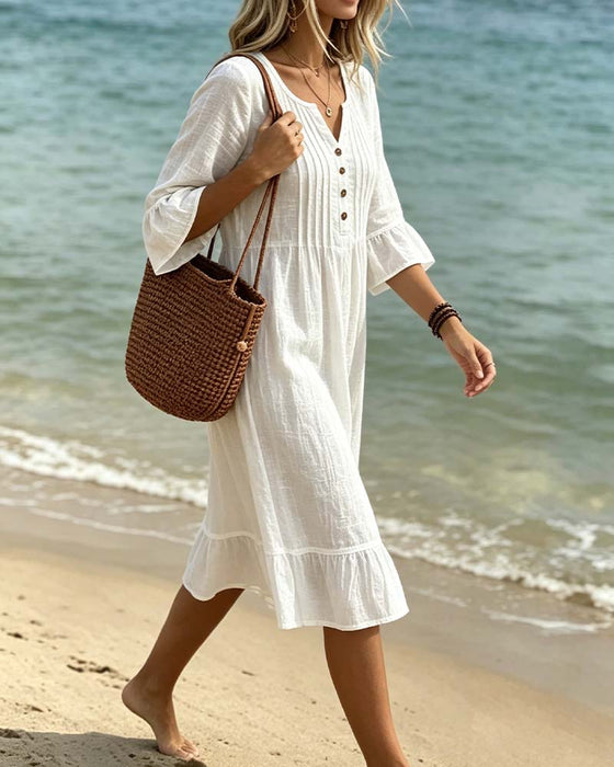 Robe Unie Col V Plissé Volanté
