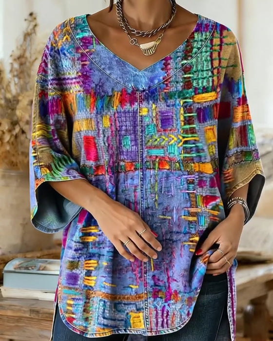 Blouse À Imprimé Géométrique Coloré Avec Manches Larges