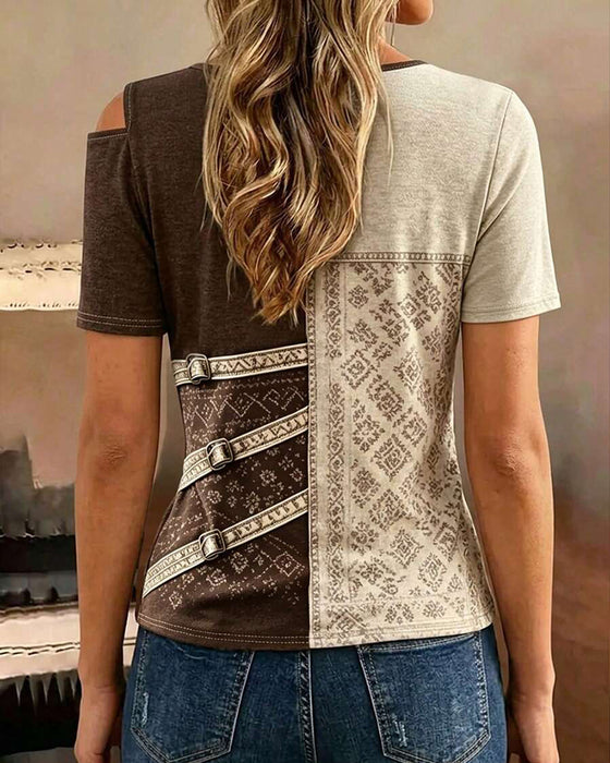 Blouse Bloc De Couleur Manche Courte