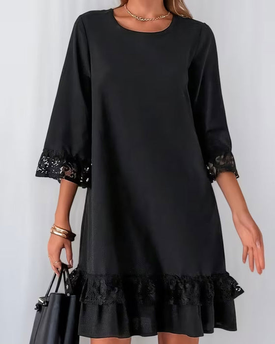 Robe Col Rond Manche Demi-Longue Dentelle Patchwork