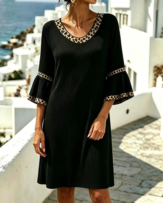 Robe Manche Évasée Côtelée Léopard