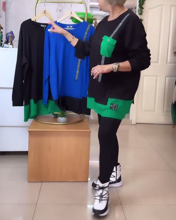 Sweat-shirt décontracté col rond poche couleur contrastée