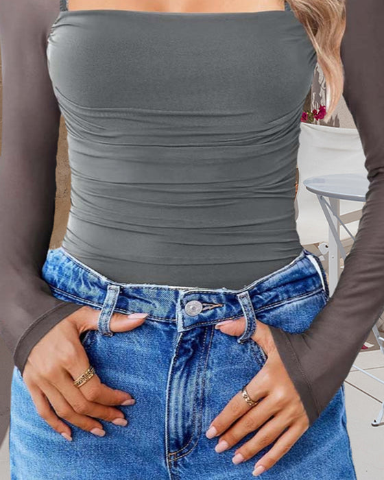 Haut Col Carré Panneau Mesh Manches Longues