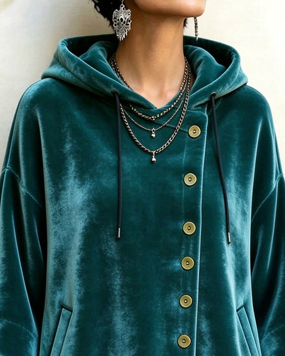 Manteau Capuche Demi-Manche Bouton Asymétrique Velours