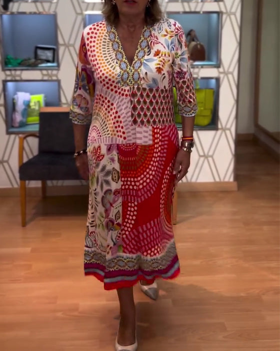 Robe Imprimé Ethnique Col En V Manche Coude