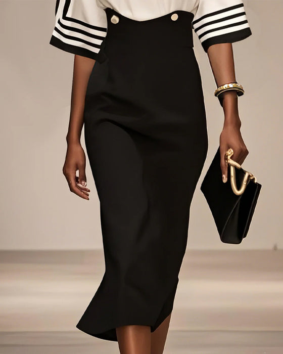 Robe Élégante Rayée Contraste Taille
