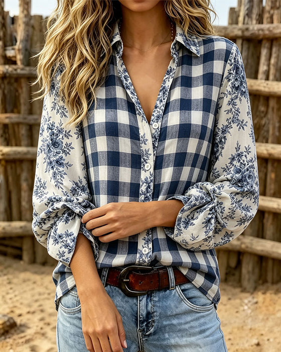 Chemise Fleurie À Carreaux Revers Manches Longues