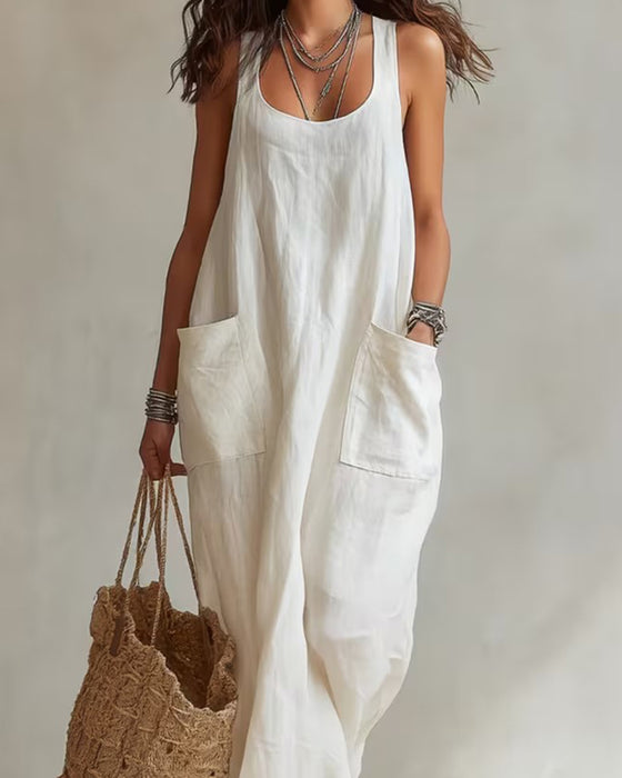 Robe Col En U Sans Manches Unie Poche
