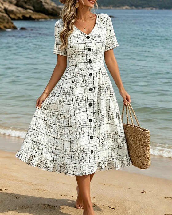 Robe Col V Carreau Bouton Volant