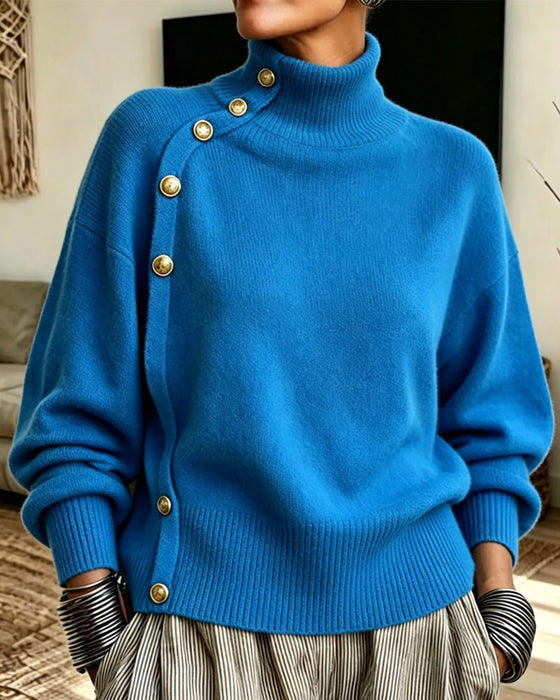 Pull Diagonal Bouton Métallique Col Roulé