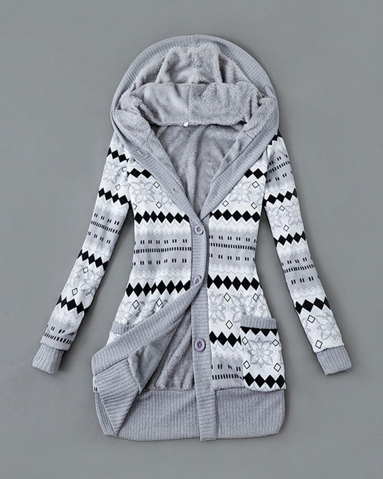 Manteau Imprimé À Capuche Boutonné