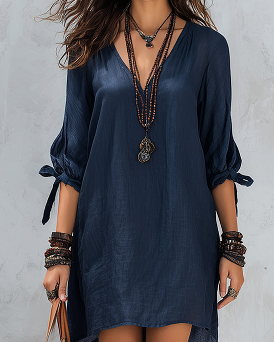 Robe Col En V Attacher Lâche Décontractée
