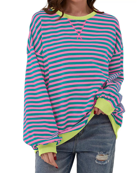 T-Shirt Rayé Col Rond Bloc De Couleur