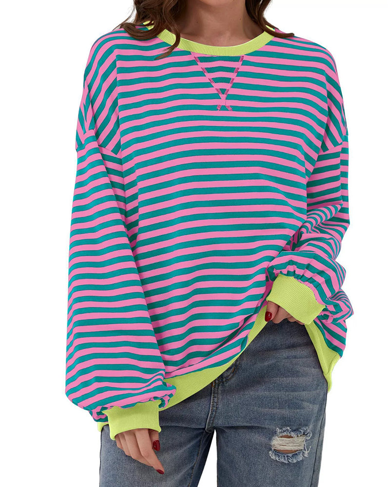T-Shirt Rayé Col Rond Bloc De Couleur