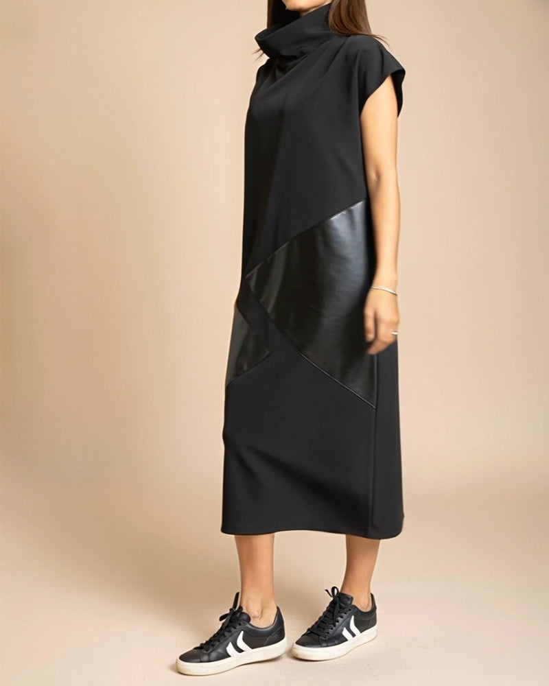 Robe Col Haut Pu Patchwork Manche Courte