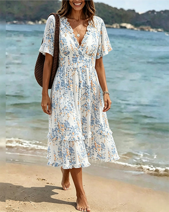 Robe Florale Volant Col V Patchwork
