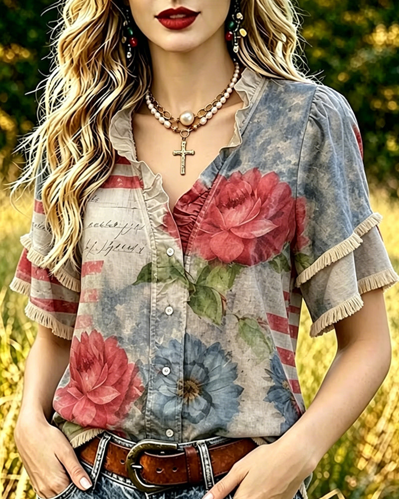Blouse À Imprimé Floral Et Volants