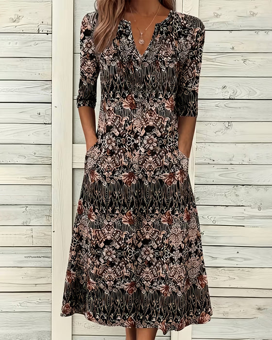 Robe Col V Imprimé Patchwork Demi‑manche